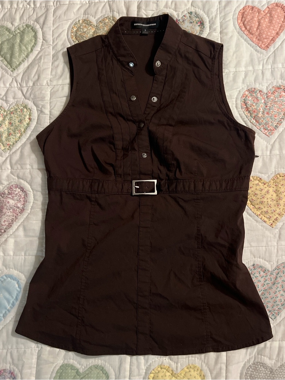 Brown Express Design Studio Button Up Belted Y2K Sleeveless Top Size Small
